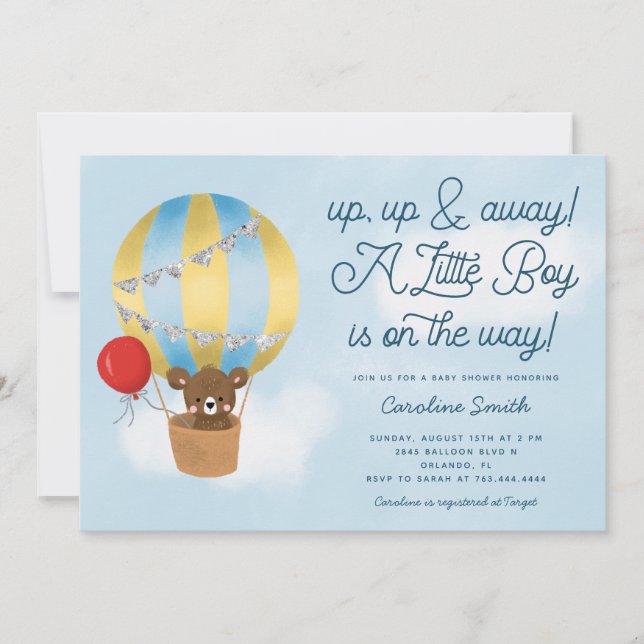 Invitación Globo de aire caliente Teddy Bear Blue Baby Shower (Anverso)