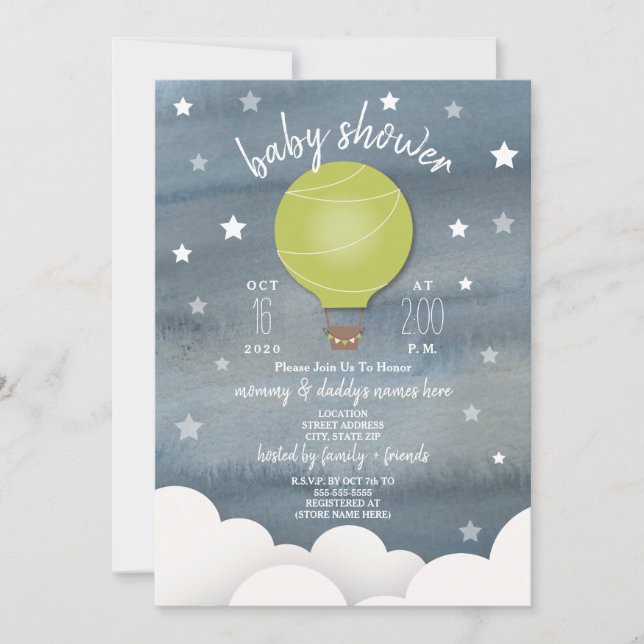 Invitación Globo de aire caliente verde + Baby Shower neutral (Anverso)
