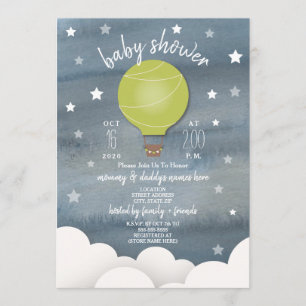 Invitación Globo de aire caliente verde + Baby Shower neutro 