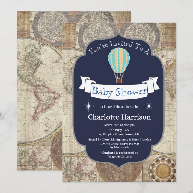 Invitación Globo de aire caliente y Baby Shower World Map (Anverso / Reverso)
