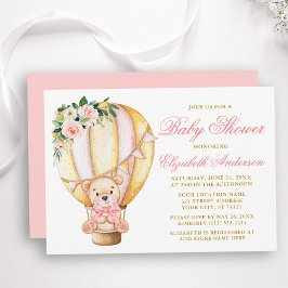 Invitación Globo de aire floral rosa Teddy Bear Baby Shower