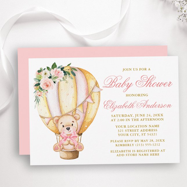 Invitación Globo de aire floral rosa Teddy Bear Baby Shower (Customize to change text color, size, style or to change color of back of card.)