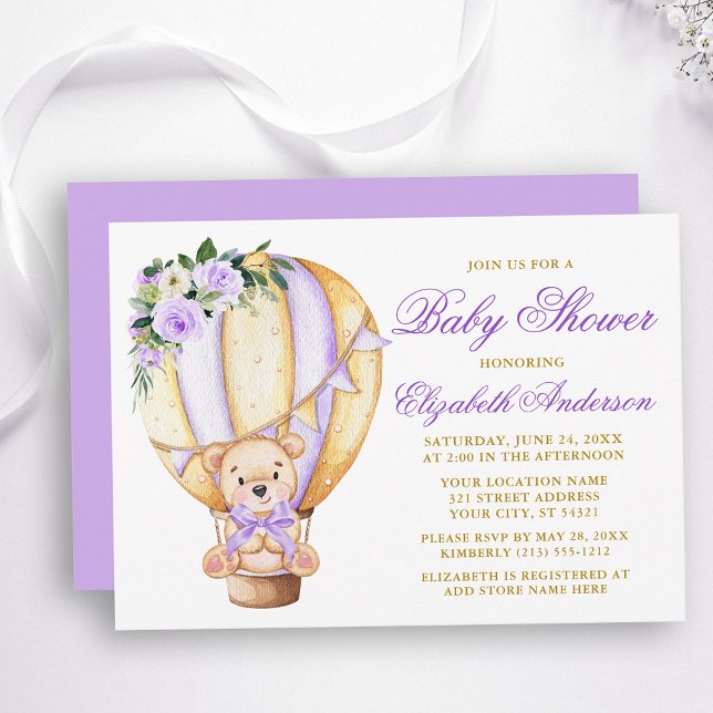 Invitación Globo de aire morado Floral Teddy Bear Baby Shower (Customize to change text color, size, style or to change color of back of card.)
