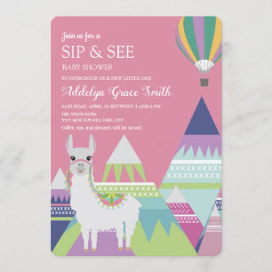 Invitación Globo de Alpaca Rosa Bebé Niña Sip See Baby Shower