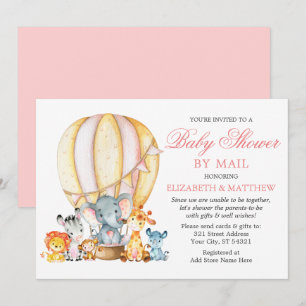 Invitación Globo de animales Safari con Baby Shower rosa por