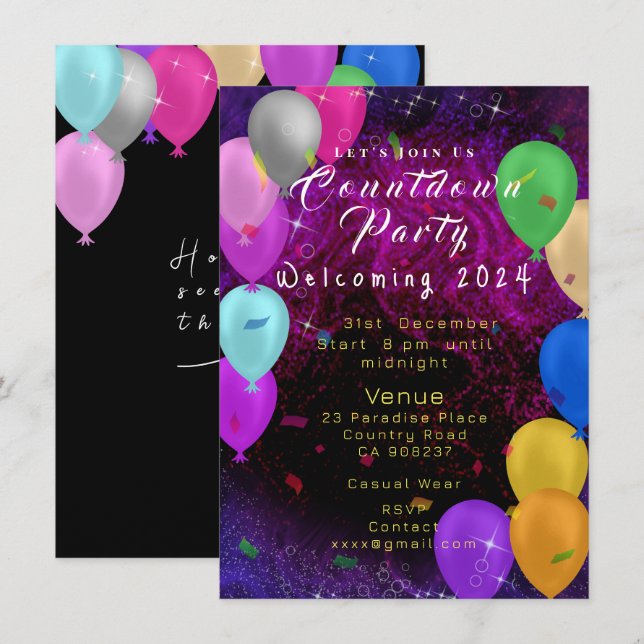 Invitación Globo de Año Nuevo feliz (Anverso / Reverso)