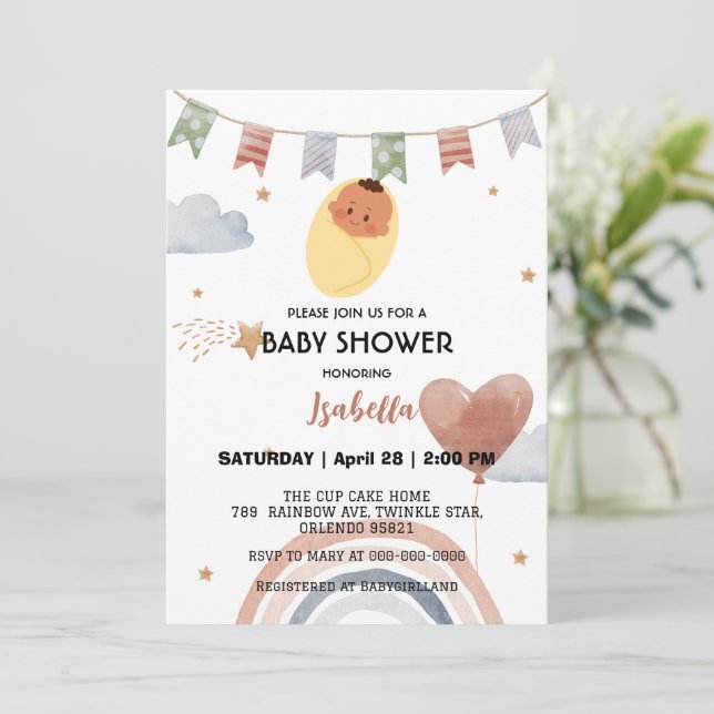 Invitación Globo de arco iris lindo niños fiesta de ducha de  (Anverso de pie)
