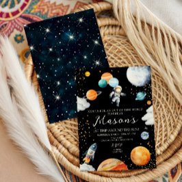 Invitación Globo de astronauta del espacio negro Planetas 1er
