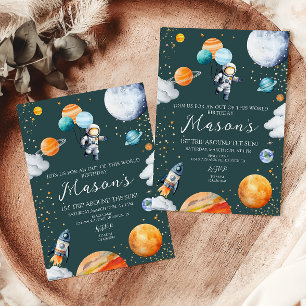 Invitación Globo de astronauta planetas 1er viaje alrededor d