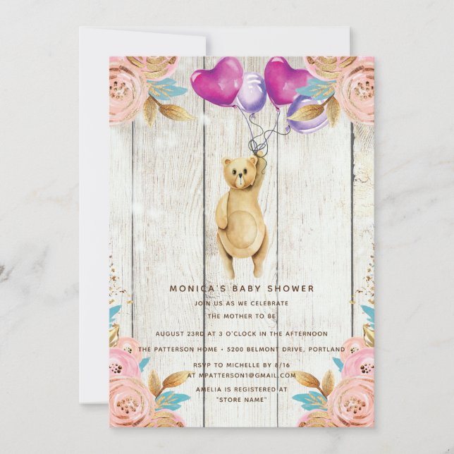 Invitación Globo de Baby Shower de Osito Rustico (Anverso)