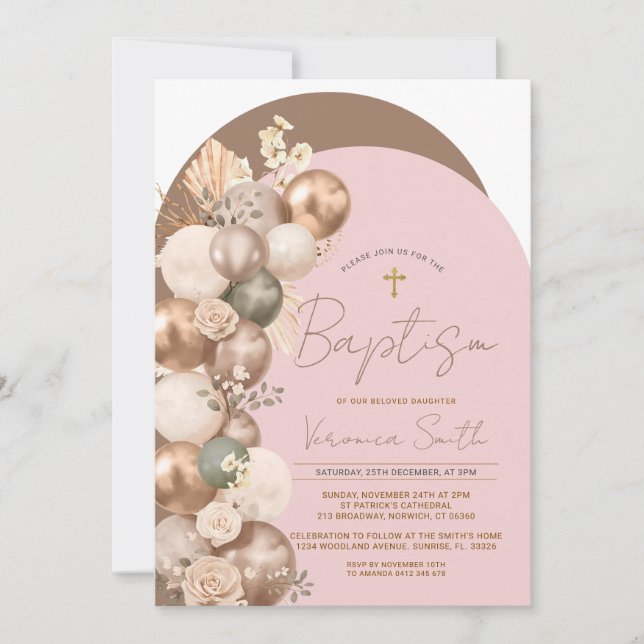 Invitación Globo de Bautizo Rosa Claro para Niña (Anverso)