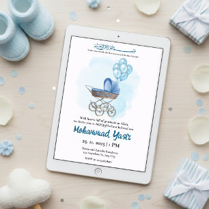 Invitación Globo de cochecito azul aqiqah bebé musulmán niño