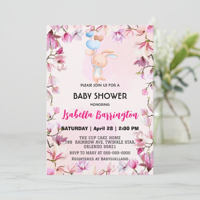 Invitación Globo de conejo rosa Cute flores bebé ducha niños (Anverso de pie)