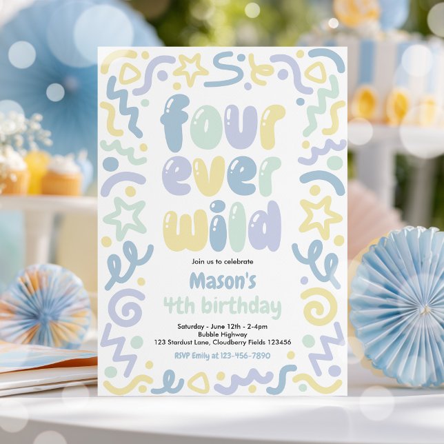 Invitación Globo de confeti Four Ever Wild para 4º cumpleaños (Subido por el creador)