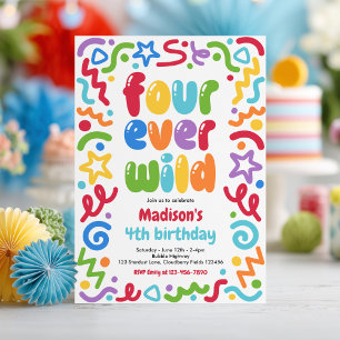 Invitación Globo de confeti Four Ever Wild para 4º cumpleaños