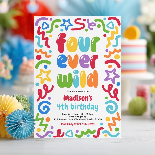 Invitación Globo de confeti Four Ever Wild para 4º cumpleaños (Subido por el creador)