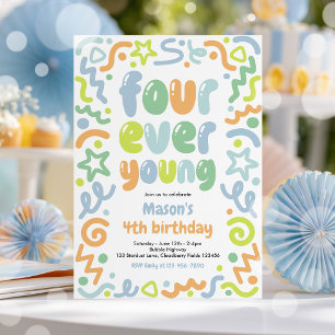 Invitación Globo de confeti Four Ever Young Cumpleaños 4 
