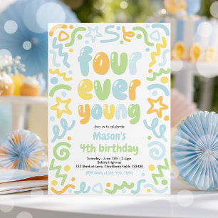 Invitación Globo de confeti Four Ever Young Cumpleaños 4 