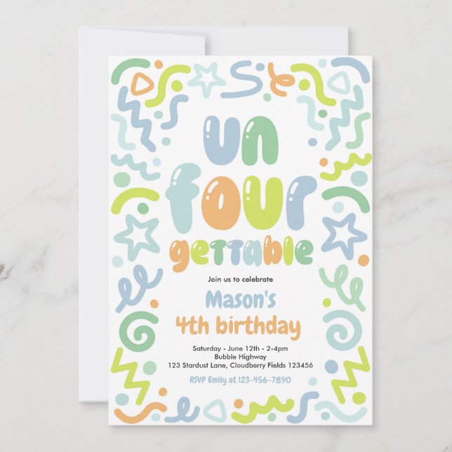 Invitación Globo de Confeti Inolvidable Cumpleaños 4 años (Anverso)