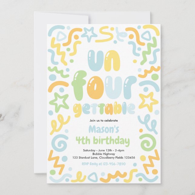 Invitación Globo de Confeti Inolvidable Cumpleaños 4 años (Anverso)