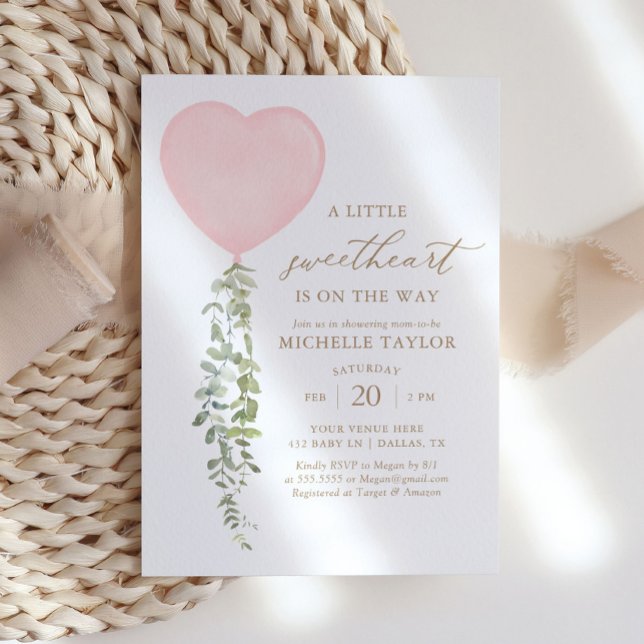 Invitación Globo de corazón rosado Eucalyptus Baby Shower (Subido por el creador)