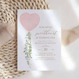 Invitación Globo de corazón rosado Eucalyptus Chica Cumpleaño