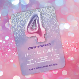 Invitación Globo de cuarto cumpleaños morado y rosado