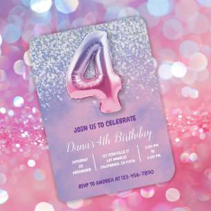 Invitación Globo de cuarto cumpleaños morado y rosado
