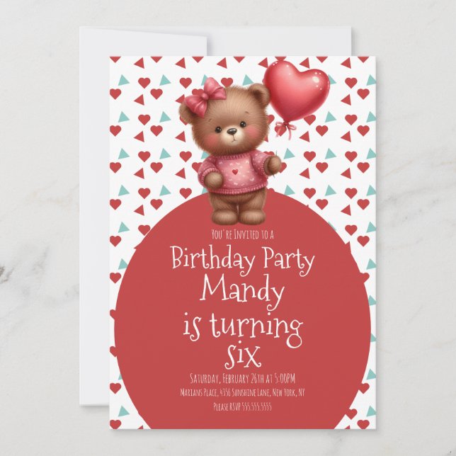 Invitación Globo de cumpleaños con patrón de corazón de oso a (Anverso)