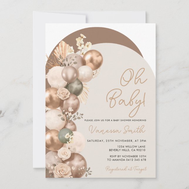 Invitación Globo de cumpleaños de champán dorado sage neutral (Anverso)
