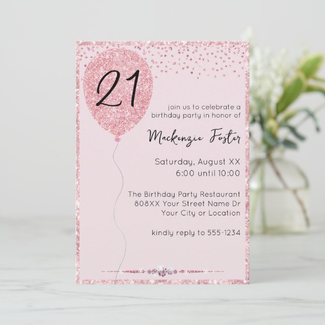 Invitación Globo de cumpleaños glamoroso Purpurina rosa y dia (Anverso de pie)