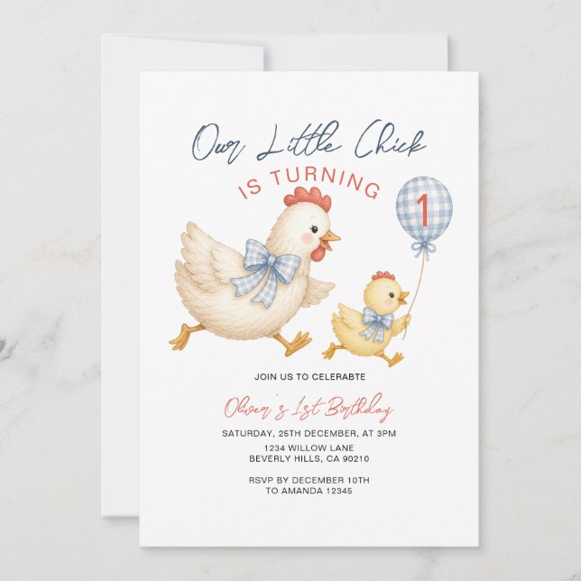 Invitación Globo de Cumpleaños Nuestro Pollito Cumple Uno (Anverso)