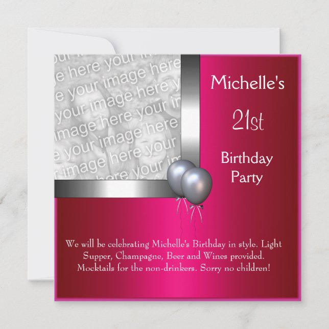 Invitación Globo de cumpleaños número 21 de plata cereza eleg (Anverso)