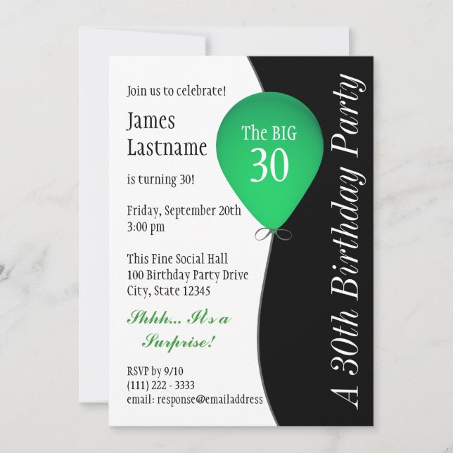 Invitación Globo de cumpleaños verde (Anverso)