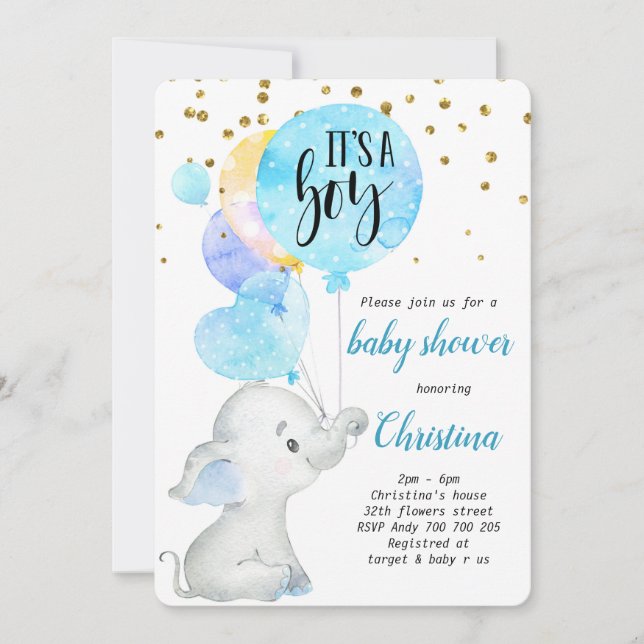 Invitación Globo de ducha de niño pequeño elefante azul (Anverso)