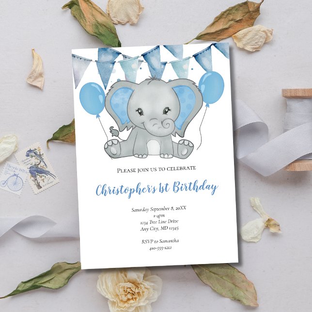 Invitación Globo de elefante azul niño bebé cumpleaños 1er pr (Blue Elephant Balloons Banner 1st Birthday Invitation for Baby Boy)
