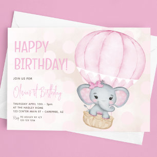 Invitación Globo de Elefante Rosa Lindo Cumpleaños 1