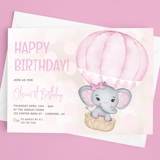 Invitación Globo de Elefante Rosa Lindo Cumpleaños 1 (Subido por el creador)