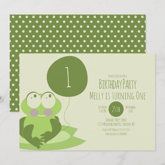 Invitación Globo de fiesta de cumpleaños de rana linda almoha (Anverso / Reverso)