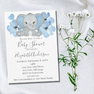 Invitación Globo de flores de elefante Baby Shower de bebé az