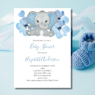 Invitación Globo de flores de elefante Baby Shower de bebé az