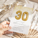 Invitación Globo de la purpurina y de oro de las mujeres de 3<br><div class="desc">¡Habla treinta conmigo! Celebra el chica de cumpleaños con nuestro divertido purpurina y la brillante invitación de cumpleaños número 30. Este diseño presenta un Relieve metalizado dorado de treinta globos y una rociada de polvo dorado sobre un fondo blanco.</div>