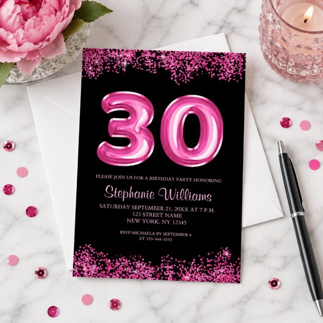 Invitación Globo de lámina rosa para fiesta de cumpleaños 30  (Add your event details to personalize.  Matching items available in the collection.)