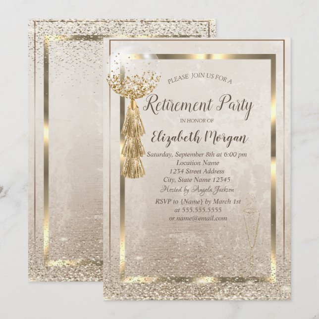Invitación Globo de marco dorado,Jubilación de confetti de vi (Anverso / Reverso)