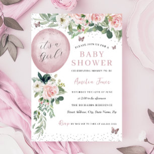 Invitación Globo de Niña Rosa Cumpleaños Bebé Mariposa