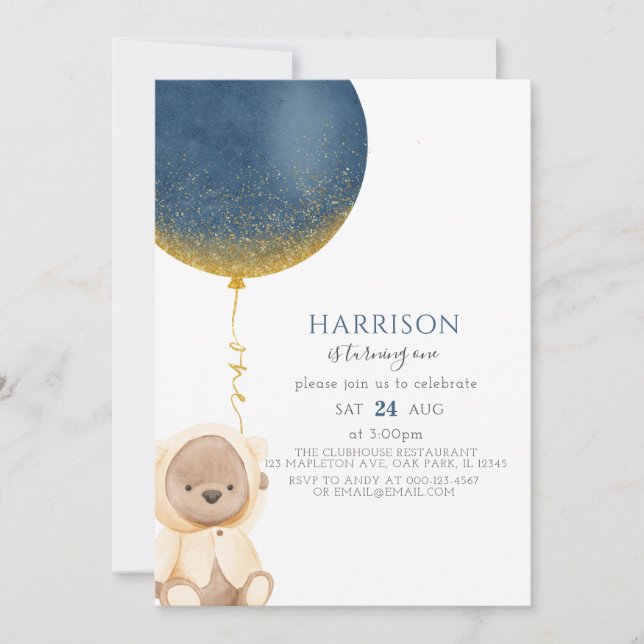 Invitación Globo de oro azul Teddy Bear Baby Boy Primer cumpl (Anverso)