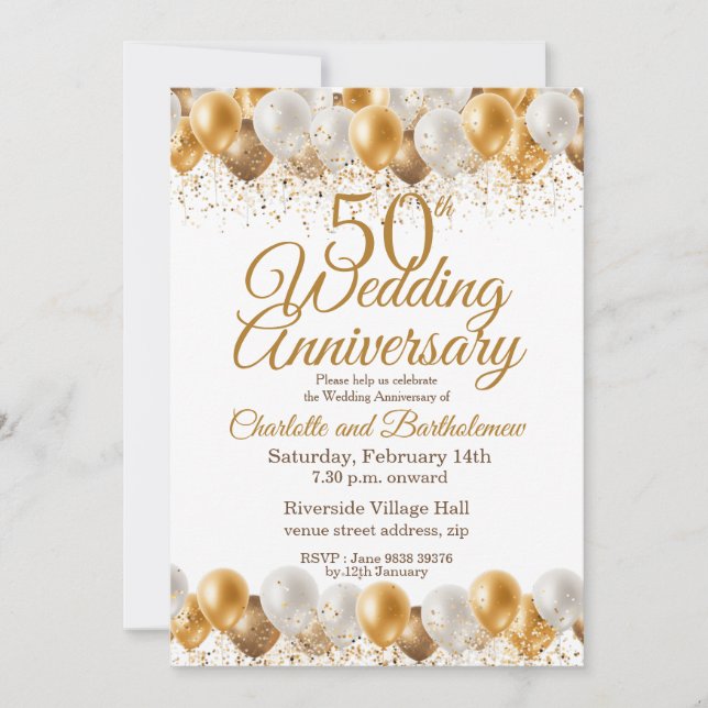 Invitación Globo de oro de 50 años de Boda (Anverso)