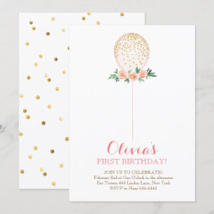 Invitación Globo de oro de color acuático de primer cumpleaño