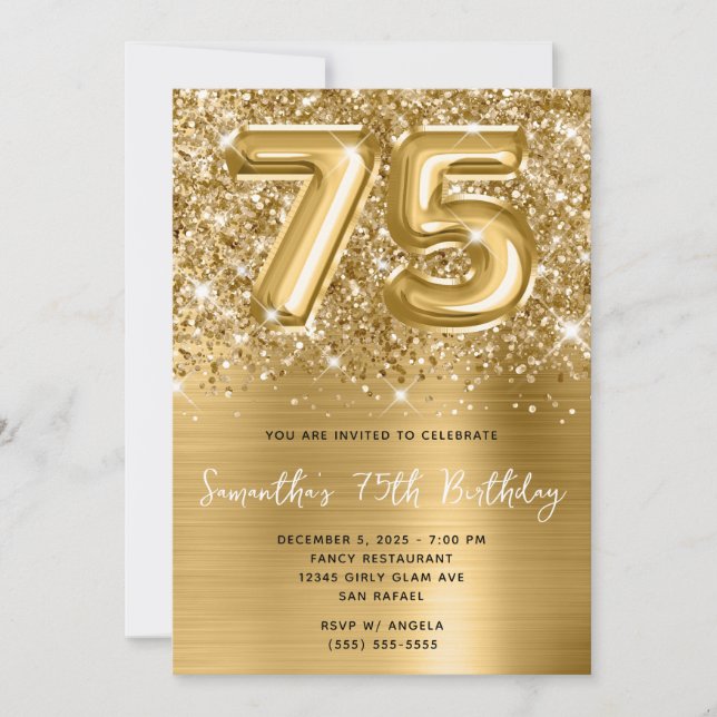 Invitación Globo de oro de espárragos Purpurinoso Glam 75th B (Anverso)