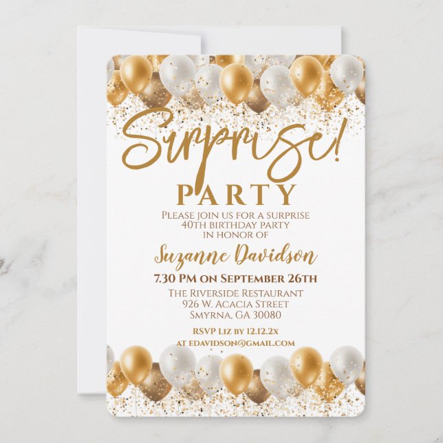 Invitación Globo de oro de la fiesta de cumpleaños de sorpres (Anverso)